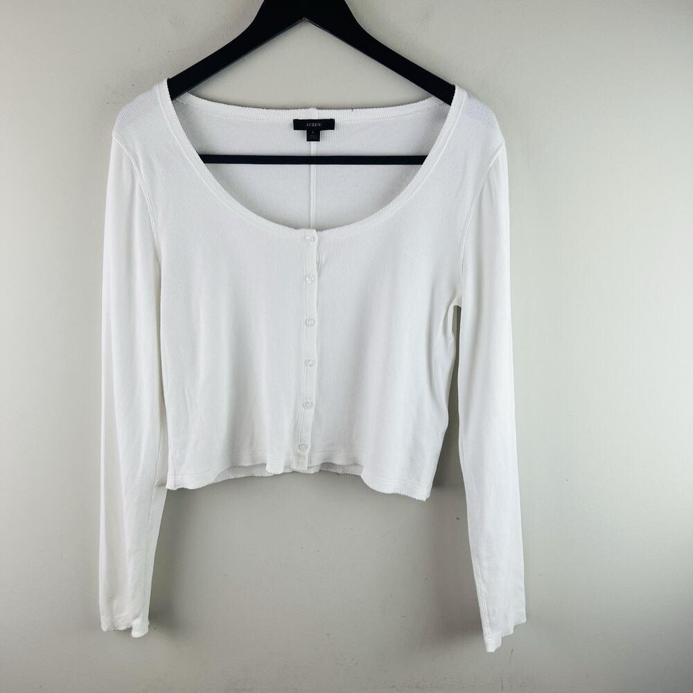 J. Crew Top Cropped Ribbed Button Up Cardigan Long Sleeve Scoopneck L White